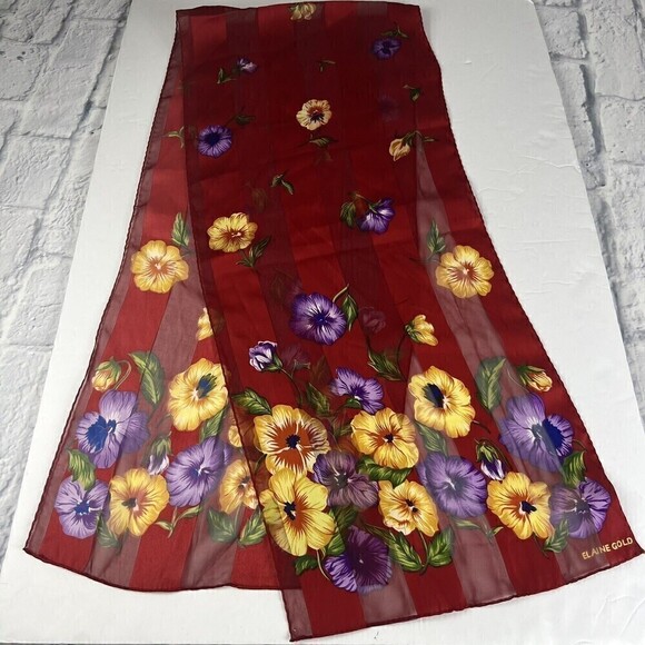 Vintage ELAINE GOLD Scarf Red Floral Poly Chiffon Rectangle Scarf 11"x 52" - Picture 3 of 10